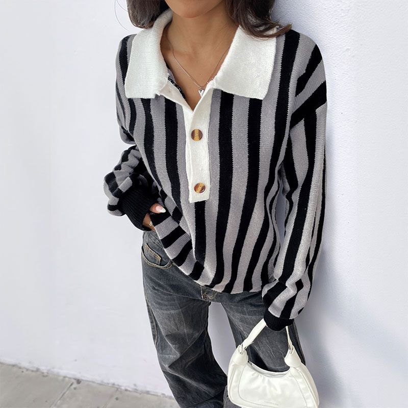 Autumn Winter Women Sweater Ladies Tops Vertical Stripes Lapel Knit sweater Women