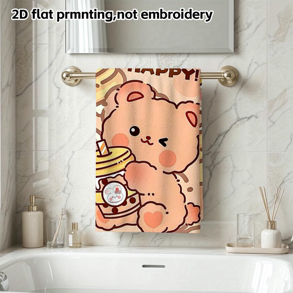 Absorbent Soft Shower Towel, Kawaii Bear Holding Milk Tea Print, Cute Daily Hand Towel