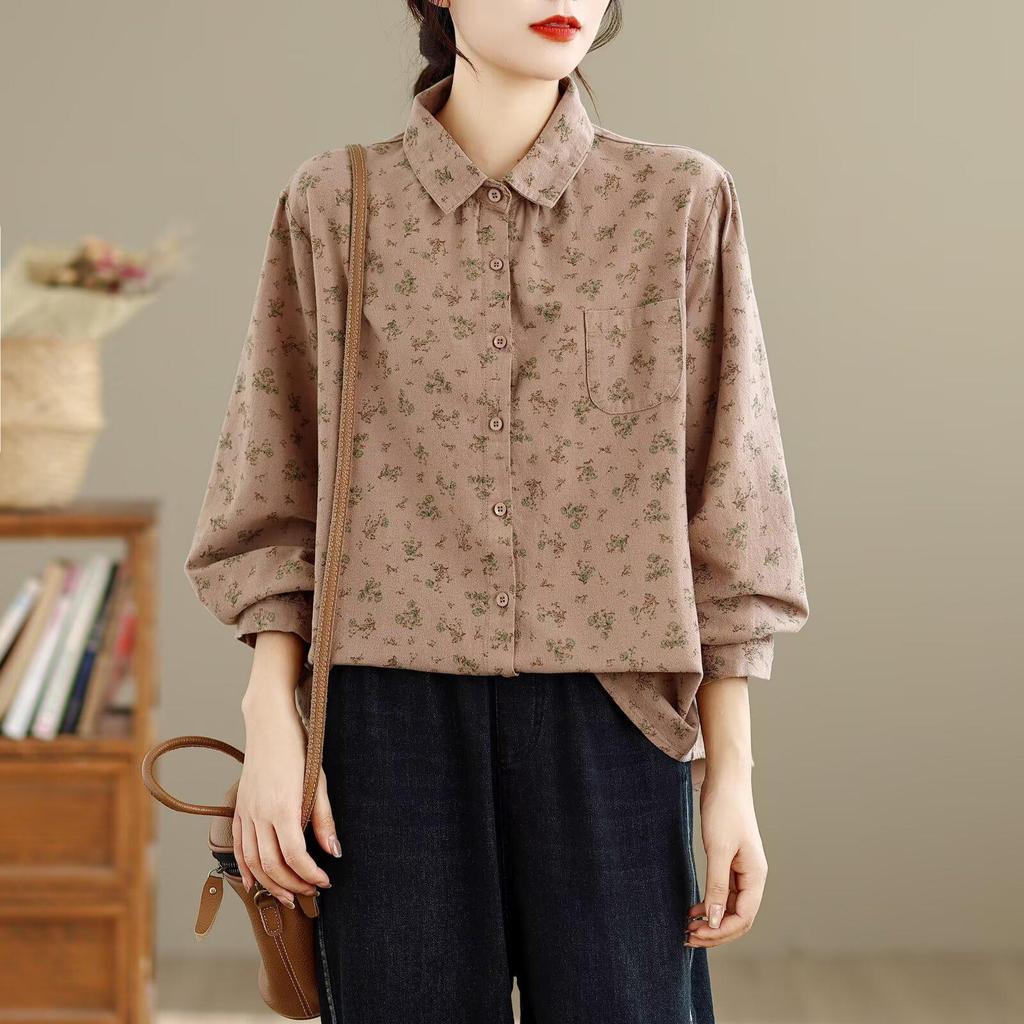 Women's Long Sleeve Retro Floral Cotton Shirt - Loose Fit, Slimming Temperament, Thickened Base Layer