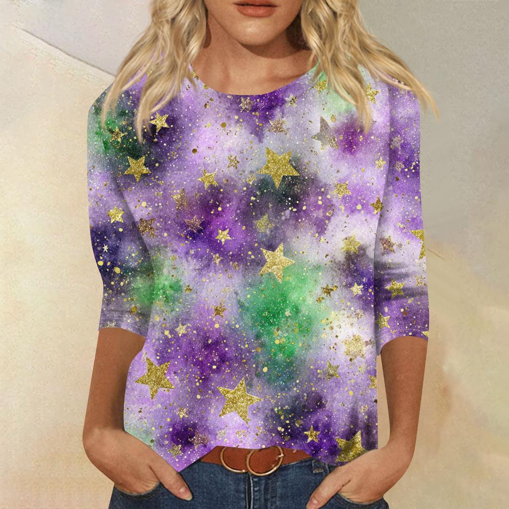 Dámské módní ležérní tričko s kulatým výstřihem a tříčtvrtečním rukávem s potiskem karnevalu