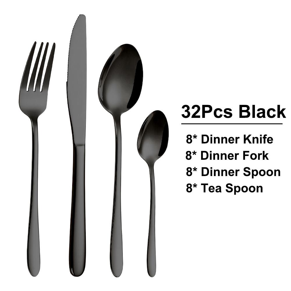 24/28/32 Pieces Black Tableware Stainless Steel Western Cutlery Set Elegant Dinner Set Mirror Knife Fork Spoon Kitchen Utensils