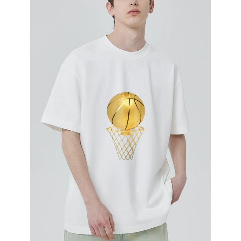 Schwarzes T-Shirt Goldener Basketball- und Korb-Print Lässige Streetwear für Männer und Frauen
