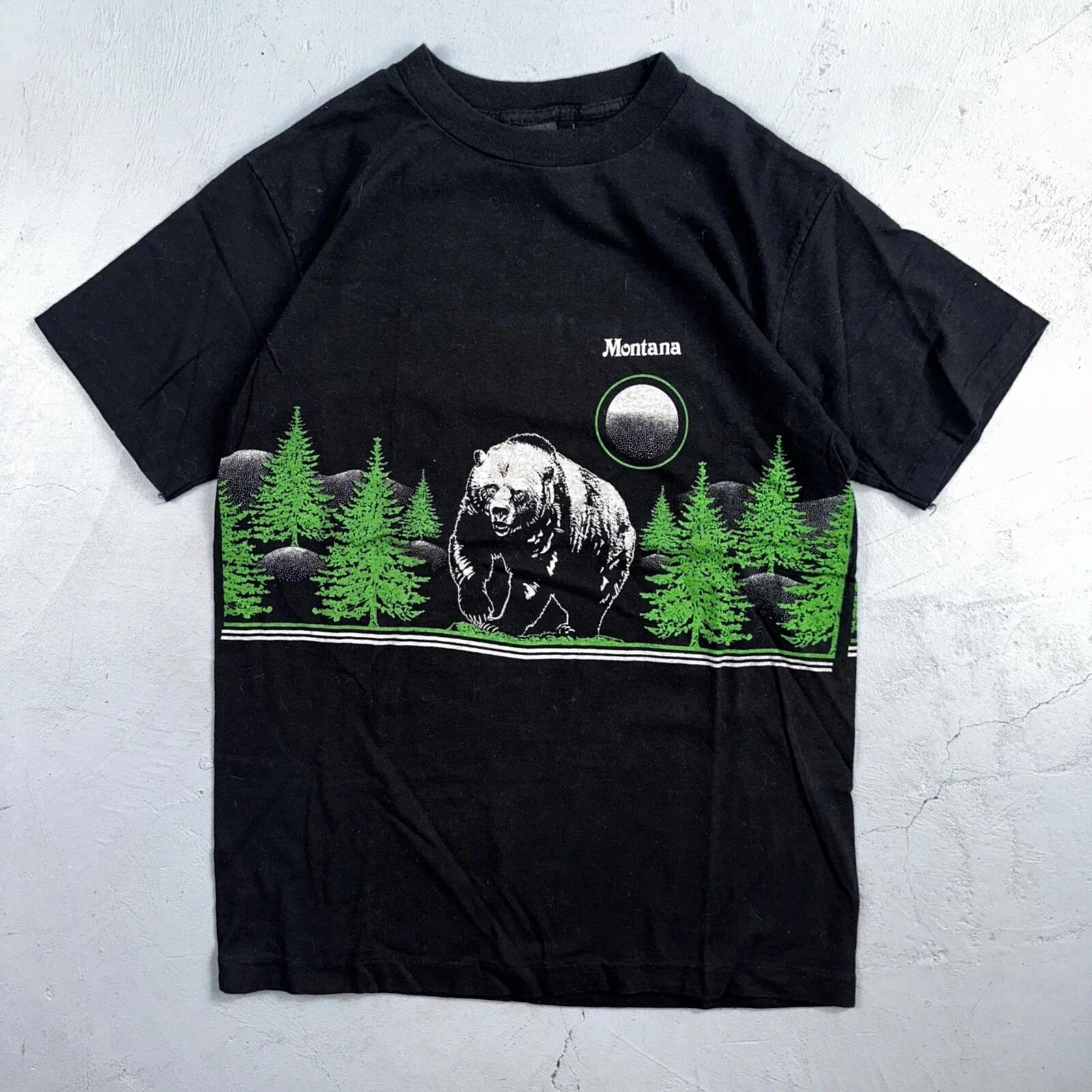 Bear Mountain Montana VTG T Shirt Double Sided 80s Black Art Moon Nature Animal S