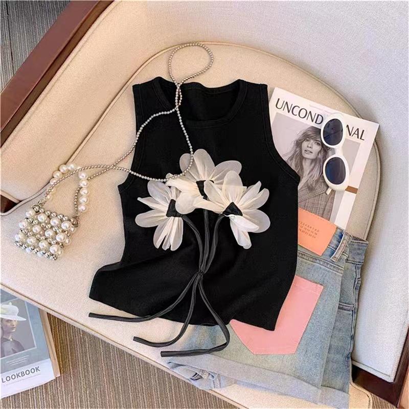 

Летняя мода шикарный цветочный вязаный жилет женский круглый вырез без рукавов полосатый топ One Size