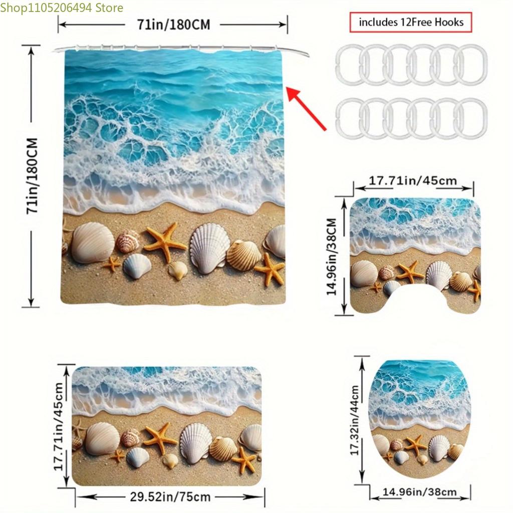 1/3/4pcs Beach-Themed Shower Curtain and Non-Slip Set - Ocean Wave Design with Seashells & Starfish, Polyester, Machine Washab