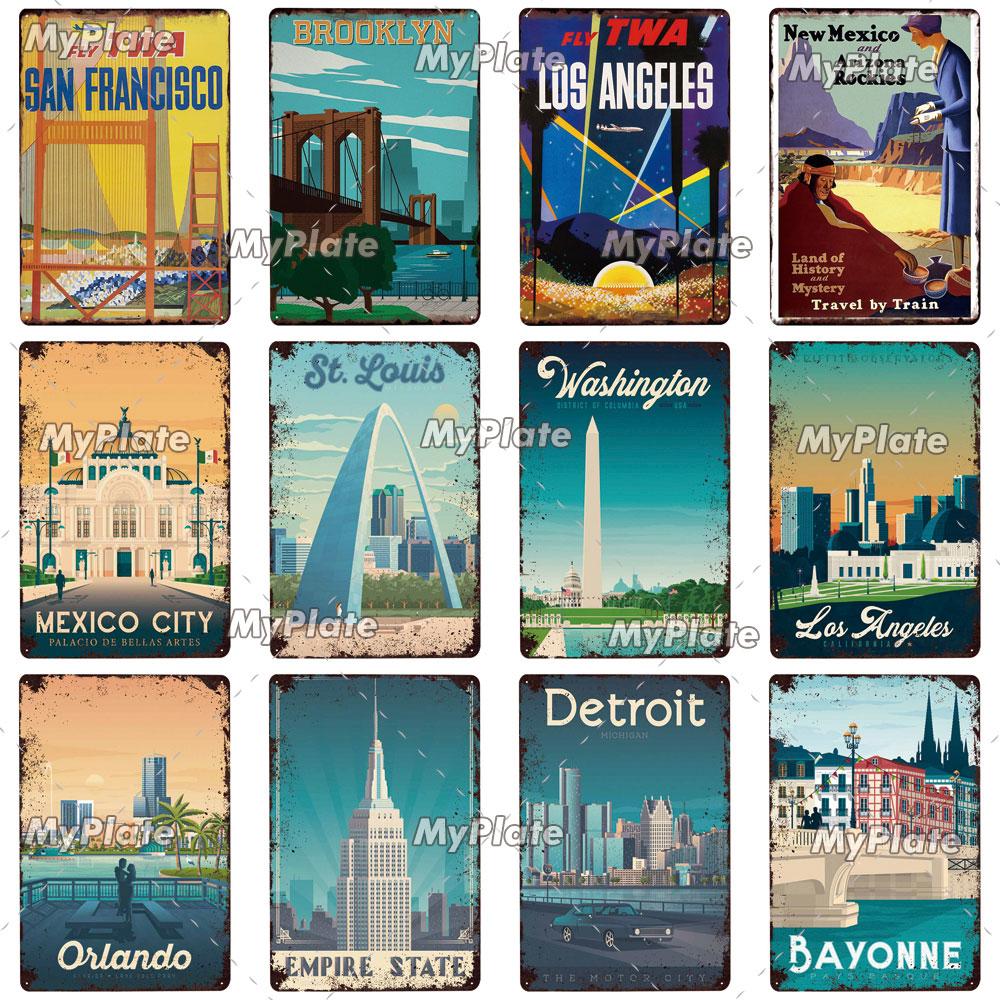 USA Tin Signs Vintage Metal Sign City Plaque Wall Decor for Garage Bar Pub Man Cave Decorative Plate Iron Country Painting