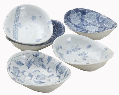 Pastateller, Curryteller-Set, 5 Arten eingefärbte Muster, 5er Set, Durchmesser 24cm, Teller, tiefer Teller, Tellerset, Tafelgeschirr, Blumenmuster, spülmaschinenfest