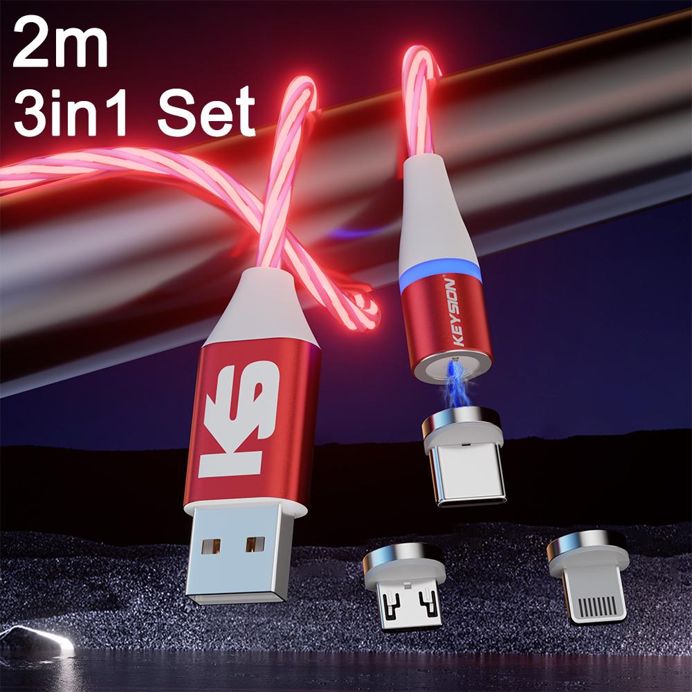 

Магнитный кабель для передачи данных KEYSION 3A с подсветкой, светодиодный, Micro USB C Type-C, быстрая зарядка, магнитный кабель для зарядки iPhone Xiaomi Samsung for 3 in 1 Set Red
