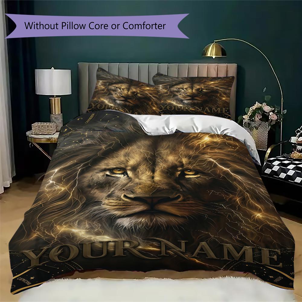 Custom Name Royal Lion Majesty Bedding,Quilt Set Quilt Cover Pillowcase Home Birthday Gift(1 * Duvet Cover + 2 * Pillowcase, Without Core)_lx