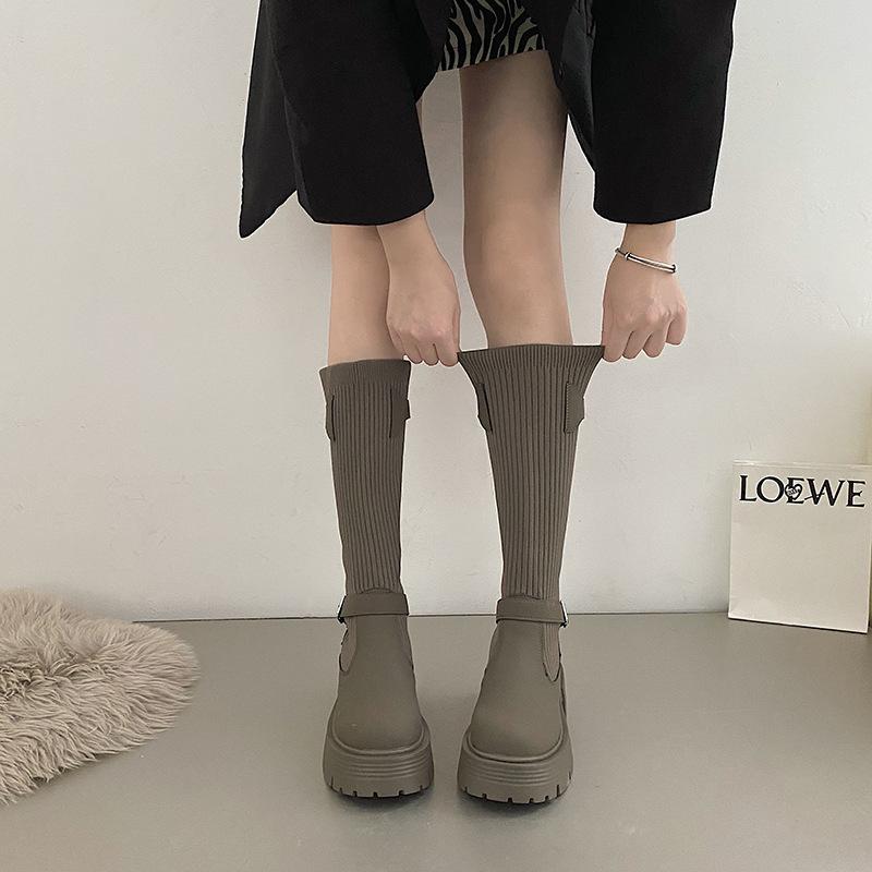 Módní dámské dlouhé boty Nové pletené elastické boty Retro dámské vysoké boty na silné podrážce Boty ke kolenům Elegantní boty a dámské boty