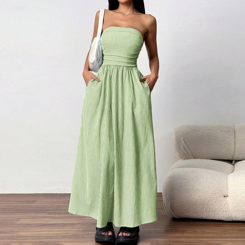 Women Strapless Maxi Dress with Pockets Casual Loose Fit Long Dress European Style Striped Print Sleeveless Sundress