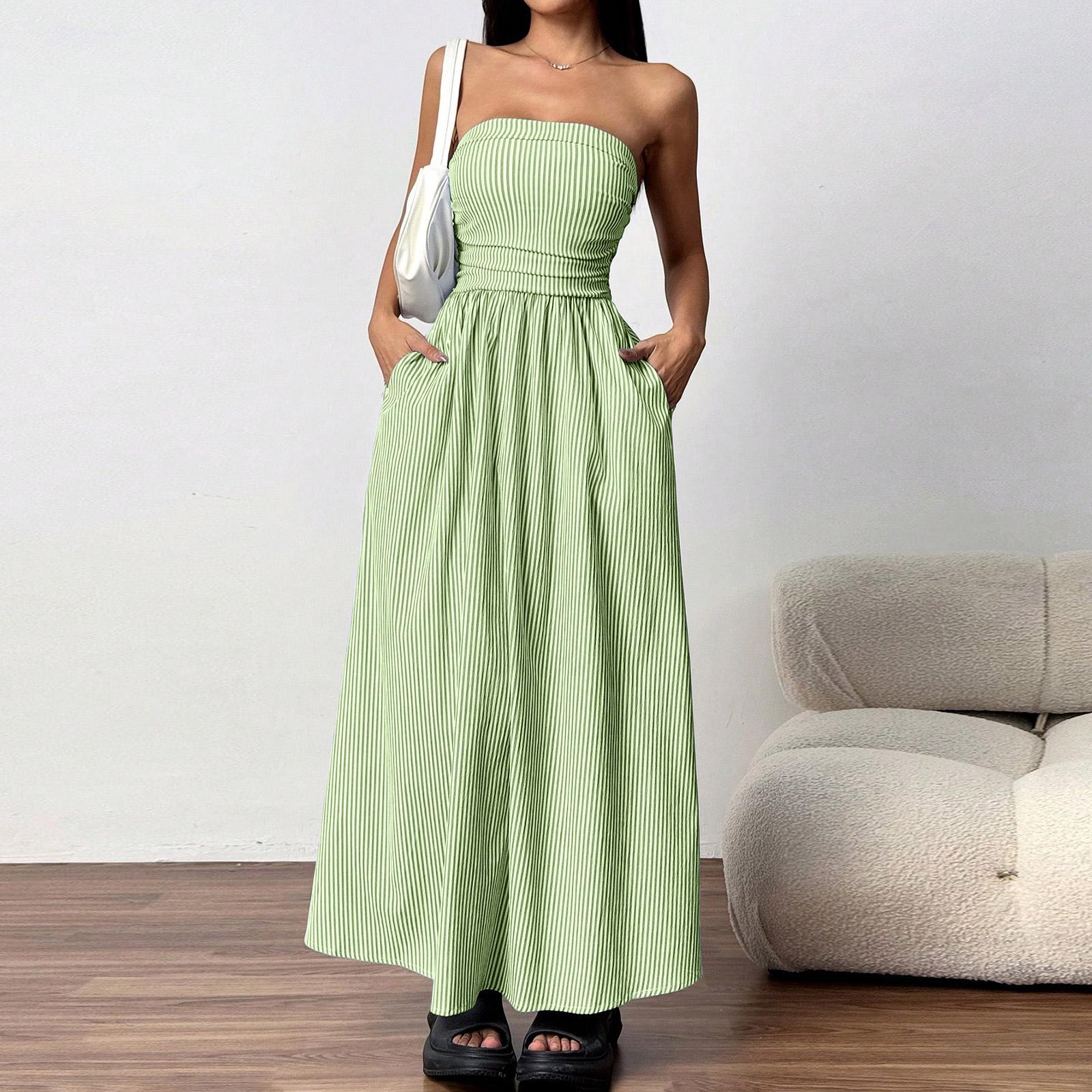 Women Strapless Maxi Dress with Pockets Casual Loose Fit Long Dress European Style Striped Print Sleeveless Sundress XL