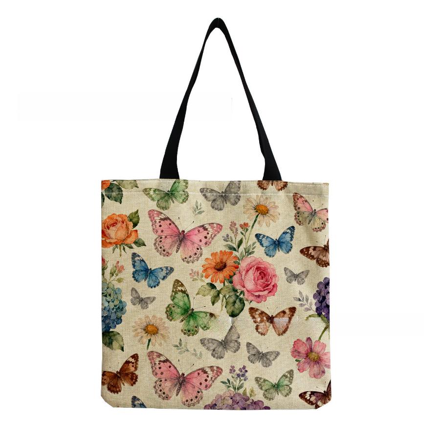 Women Vintage Linen Tote Bag - Large Capacity Butterfly Print Shoulder Handbag for Casual & Grocery Shopping KTB