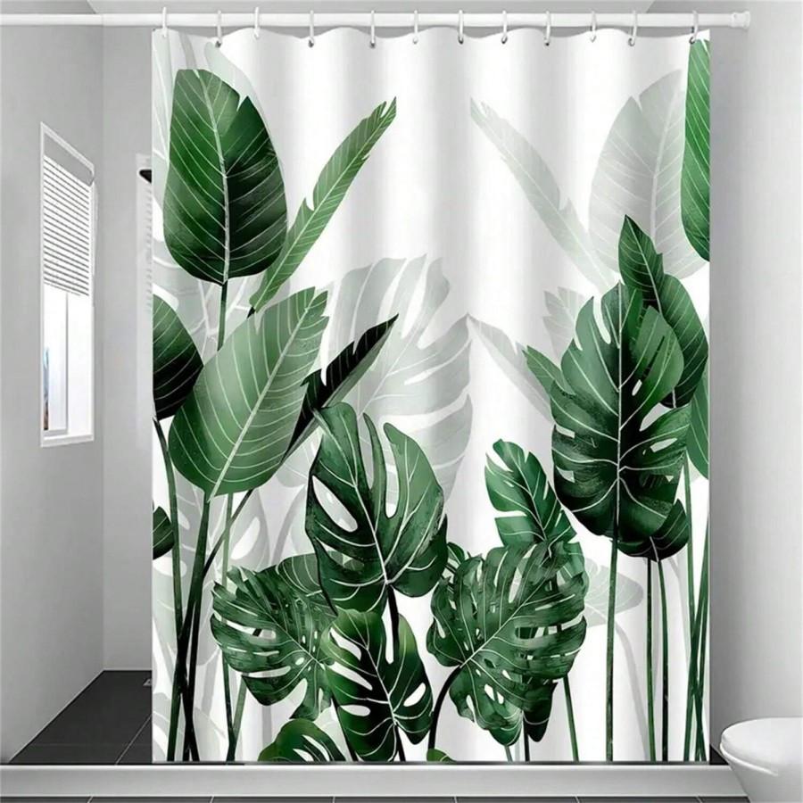 

Open 1Pc Green Large Leaf Digital Print Polyester Bathroom Decoration And Accessories Shower Curtain Free Punch Partition Bath W60H190(CM)-1 Pcs