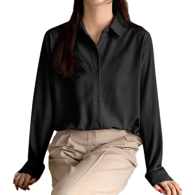 Retro Minimalist Solid Color Long Sleeved Shirt for Women In Spring Autumn Professional Polo Collar Loose Versatile Shirt Blouses & Shirts