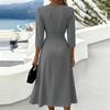 Women V Neck 34 Sleeve Midi Dress Solid Casual Loose Fit Waist Pleated A Line Elegant Office Wear Simple Style