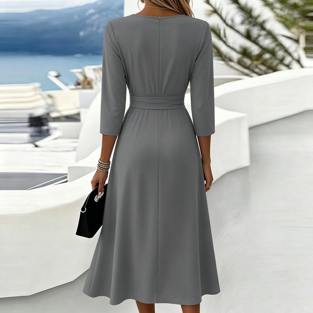 Women V Neck 34 Sleeve Midi Dress Solid Casual Loose Fit Waist Pleated A Line Elegant Office Wear Simple Style