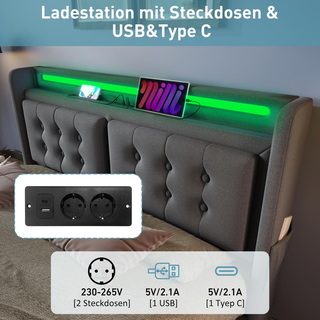 Letto imbottito 140x200, Letto matrimoniale, Testiera LED, Ricarica USB C, 4 cassetti, Struttura in legno e metallo, 300 kg, Grigio, Cotone (Senza materasso)