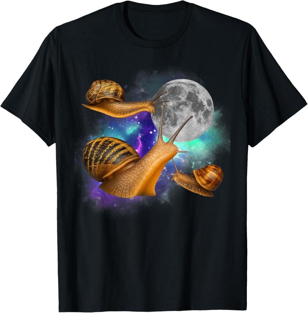 Three Snails Moon Galaxy Graphic Tee Funny Weird Mollusks Print Casual Short Sleeve T-Shirt For Men
