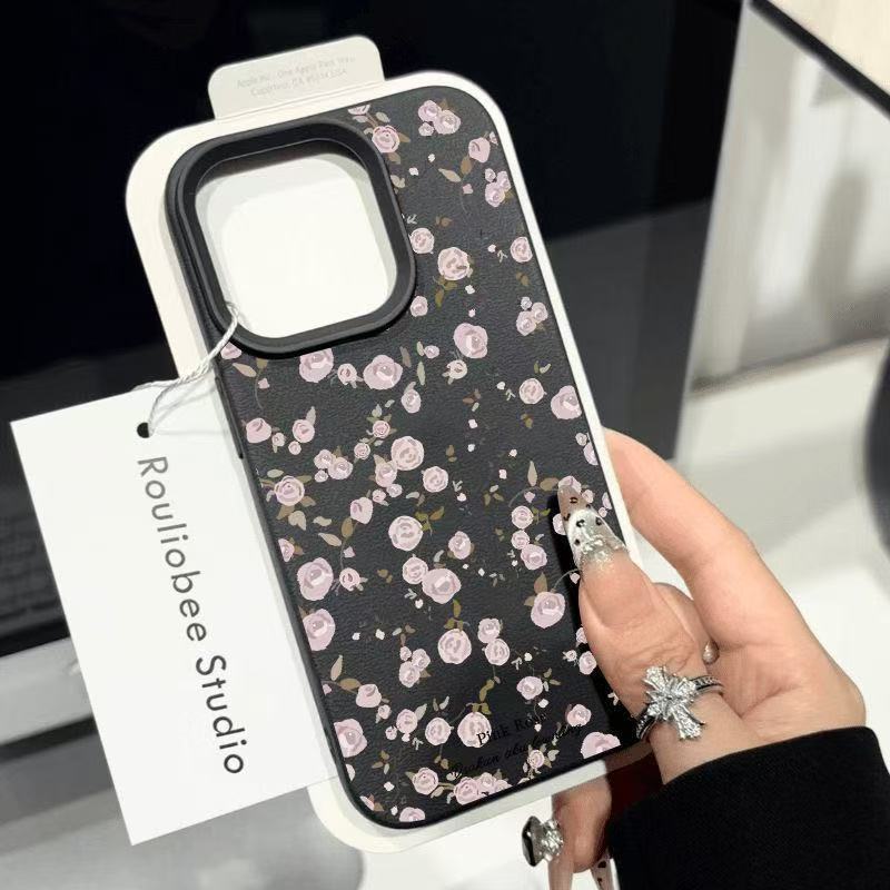 Pink small floral application Apple 17PROMAX mobile phone case 15 lychee pattern 14 cute 13 soft case 16/17