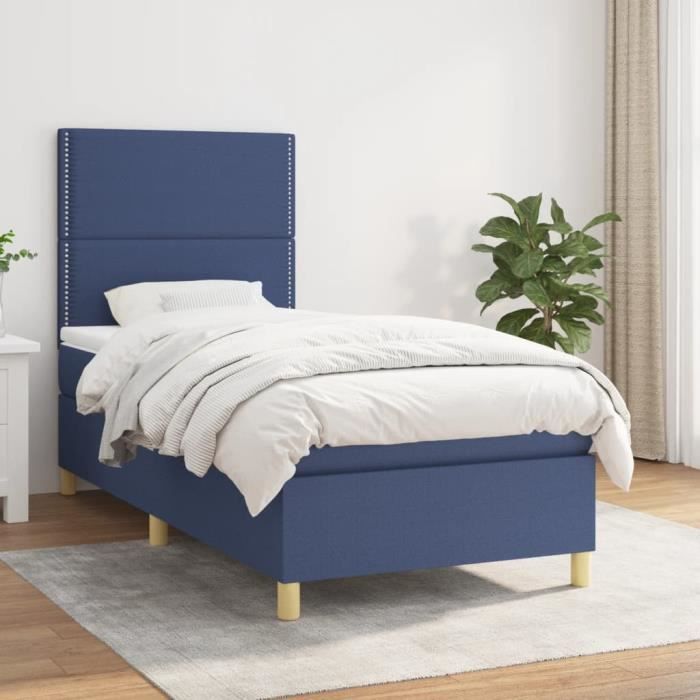 3142239 vidaXL Lit à sommier tapissier avec matelas Bleu 100x200 cm Tissu