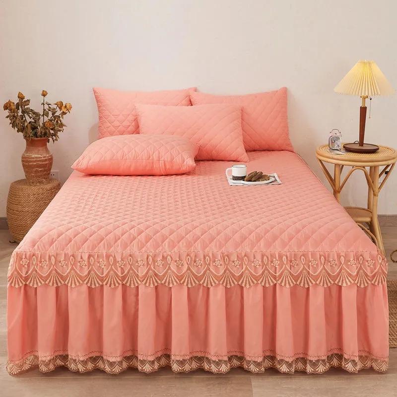 3pcs/set Autumn and Winter Thick Cotton Quilted Lace Bed Skirt Three-piece Set Non-slip Bedspread Pillowcase Three-piece Set