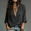 Women Shirt, V-Neck Long Sleeve Summer Tops, Pure Color Loose Fit Casual Blouse for Work Parties Vacations Dates