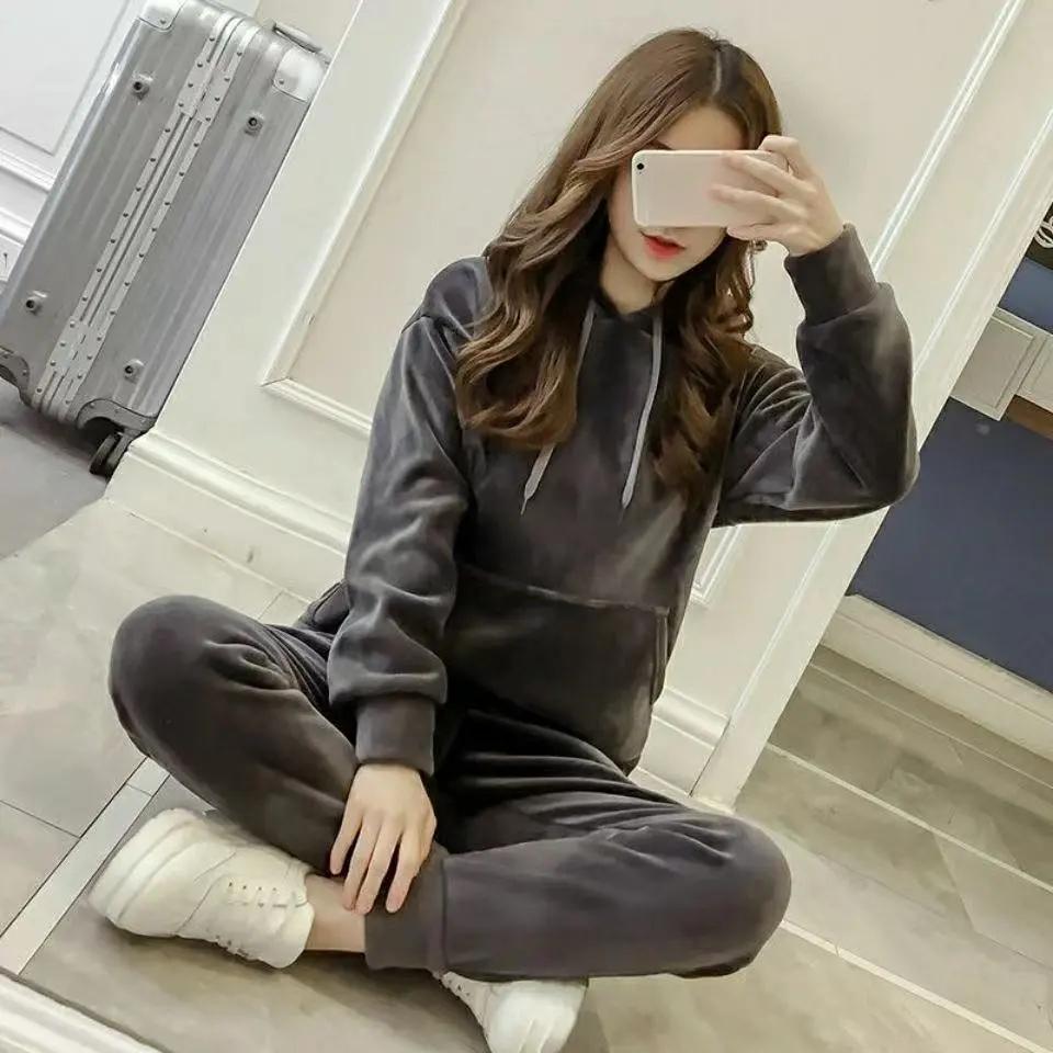 Golden Velvet Sports Suit Women's Autumn and Winter Fashion Sweater Plus Velvet Thick Casual Two-piece Suit