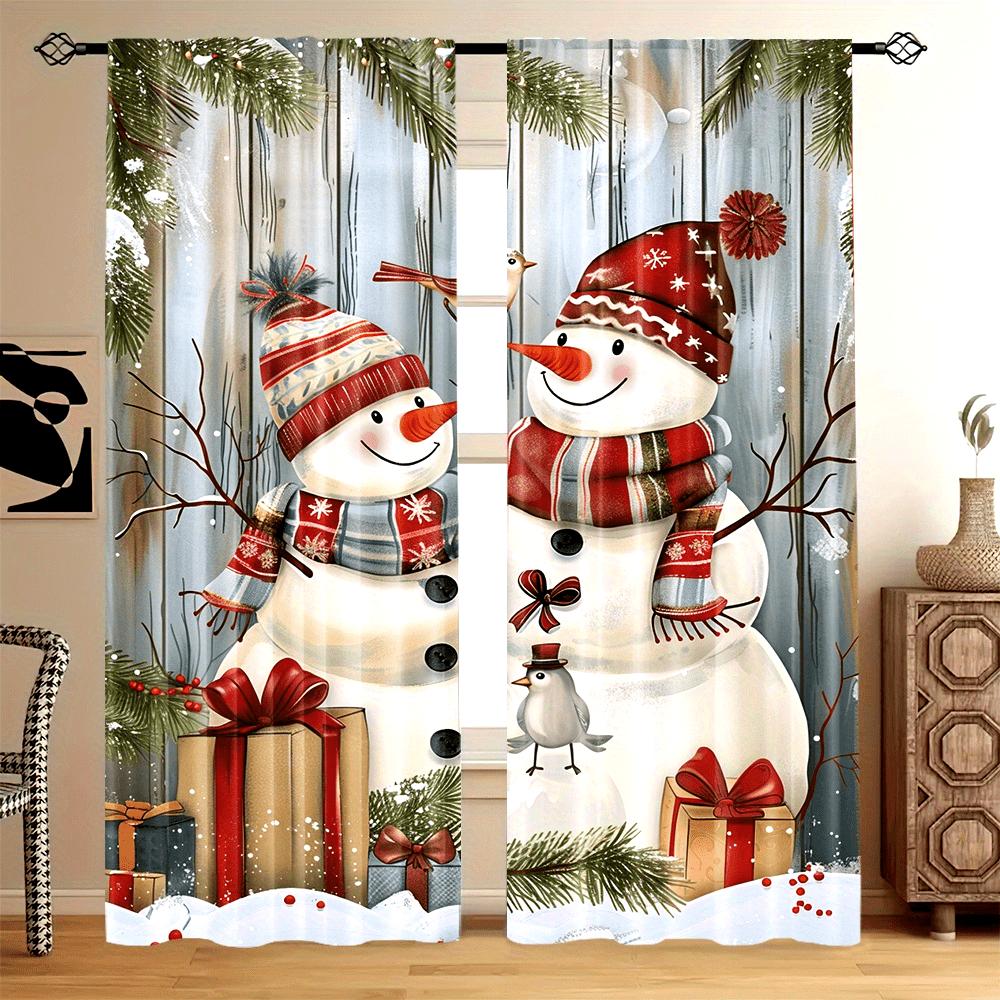 2 st Set Jul Snögubbe Gardiner Stångficka Design Digitaltryck Polyester Draperier för Vardagsrum Kök Sovrum Fönster
