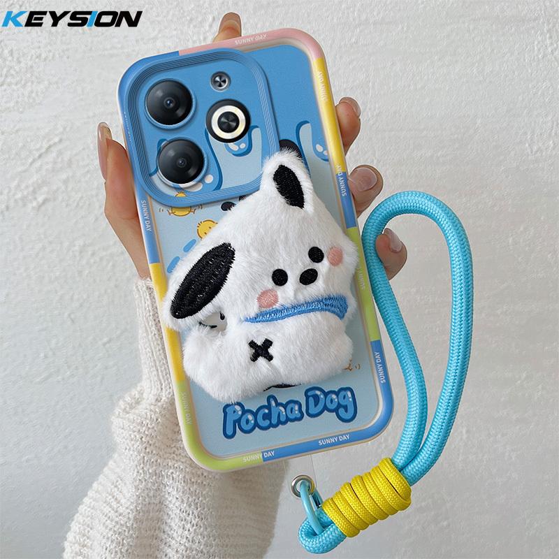 KEYSION Cute 3D Cartoon Plush Case for Infinix Smart 8 8HD with Lanyard Soft Silicone Shockproof Phone Cover for Infinix Hot 40i