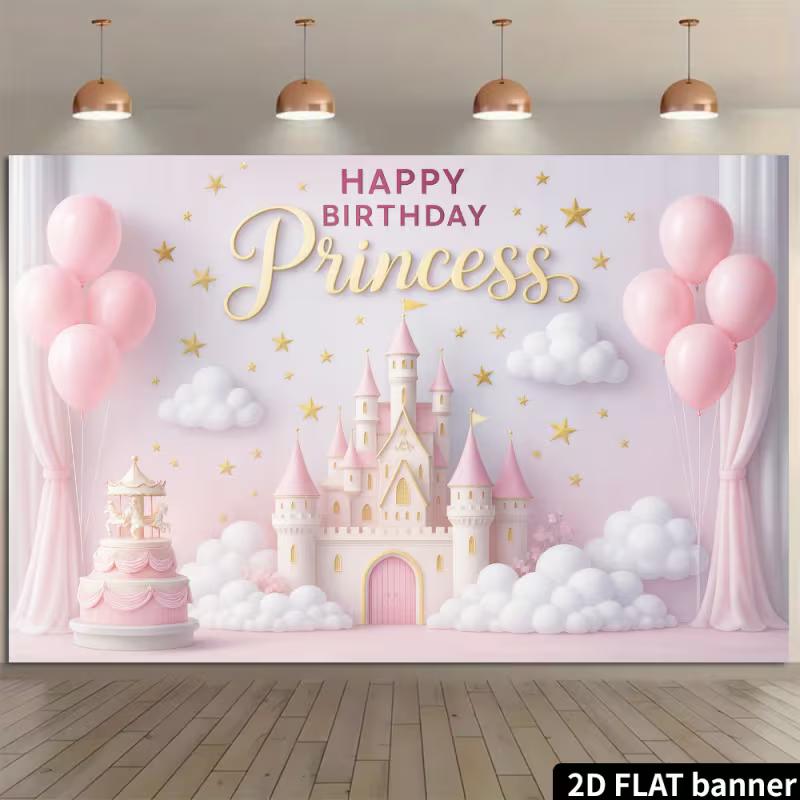 2D Princess Birthday Backdrop - Pink Balloon & Castle Banner for Girl's Magical Birthday Photoshoot