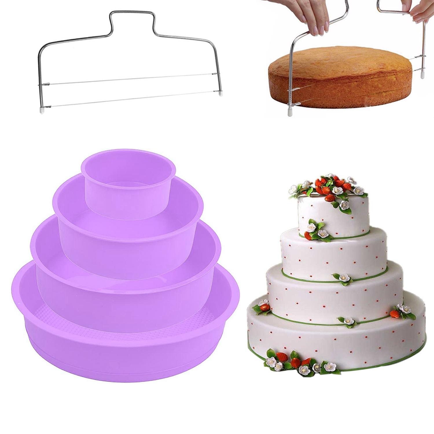 

Наборы силиконовых форм для выпечки из 4 предметов — силиконовые круглые формы с антипригарным покрытием для слоеных тортов, чизкейков и шоколадных тортов с формочками для тортов Purple 4+6+8+10inch + Cake Cutter