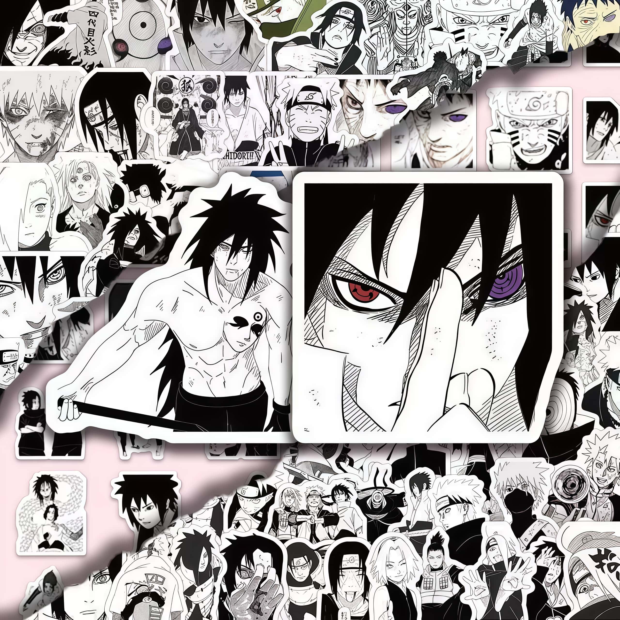 100 Stuks Naruto Zwart-Wit Manga Stijl Sticker Set, Klassieke Anime Karakters Scène Decals voor Laptop, Skateboard & DIY Decor geel