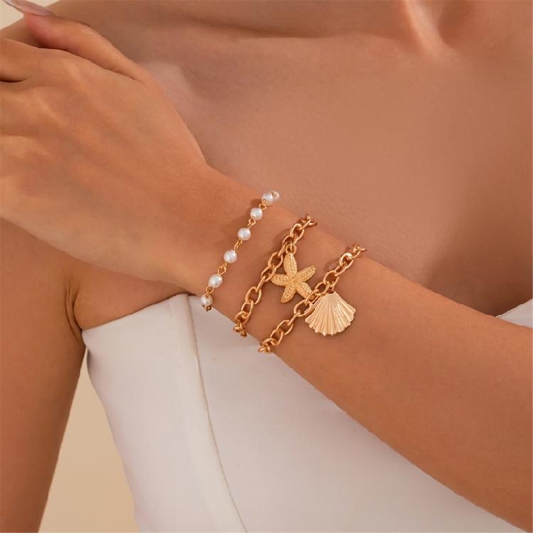 Adjustable Clavicle Chain Starfish Seashells Pearls Necklace Set Bohemian Beach Jewelry for Women Stylish Outfits