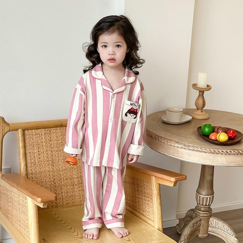 Kids Cotton Long Sleeve Pajama Set With Collar Soft Breathable Sleepwear Home Wear
