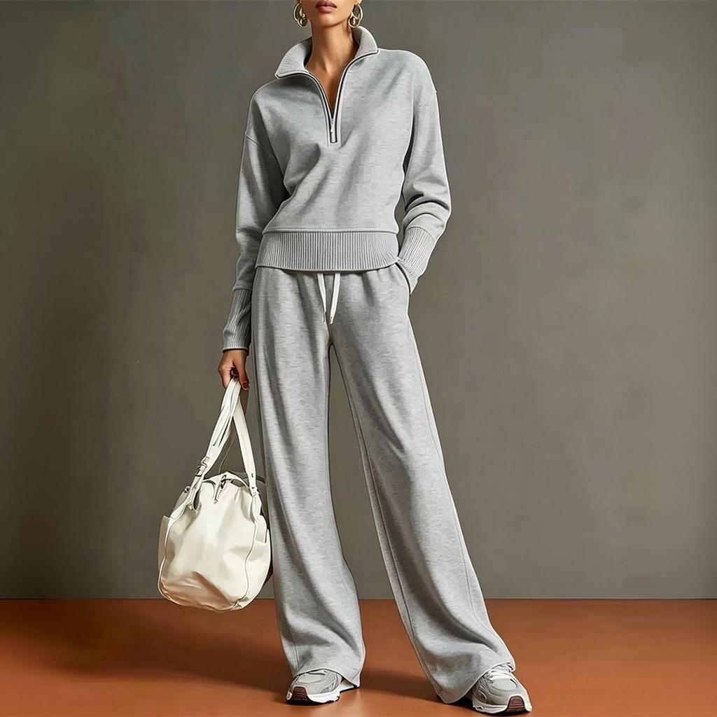 Conjunto de Dos Piezas de Punto para Mujer Suéter con Media Cremallera Manga Larga Cuello Plegable Pantalones de Pierna Ancha Conjunto para Estar en Casa
