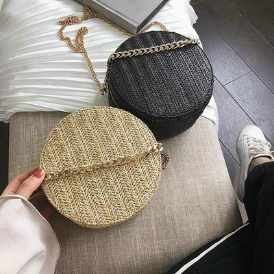 Bolsa de Ombro Redonda Feminina Bolsa de Mão Boêmia de Palha de Verão Bolsa de Praia Viagem Compras Bolsas Femininas com Corrente
