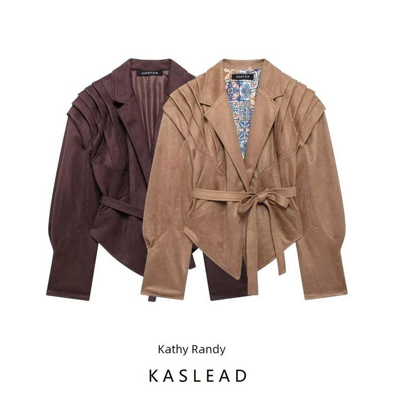 Kaslead New Arrival Women's Clothing Fashion Style Fashion Minimalist Waist Trimming Lace Up Suede Fabric Jacket Outwear