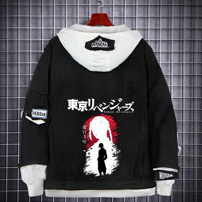 Tokyo Revengers Anime Denim Jacket Fake Two-piece Hoodie Men Youth Streetwear
