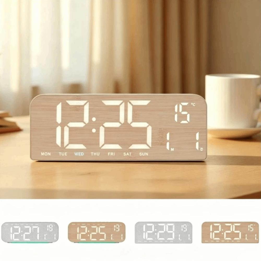 Wood Grain Digital Alarm Clock Multi-functional LED Alarm Clock Desk Clock Office Use