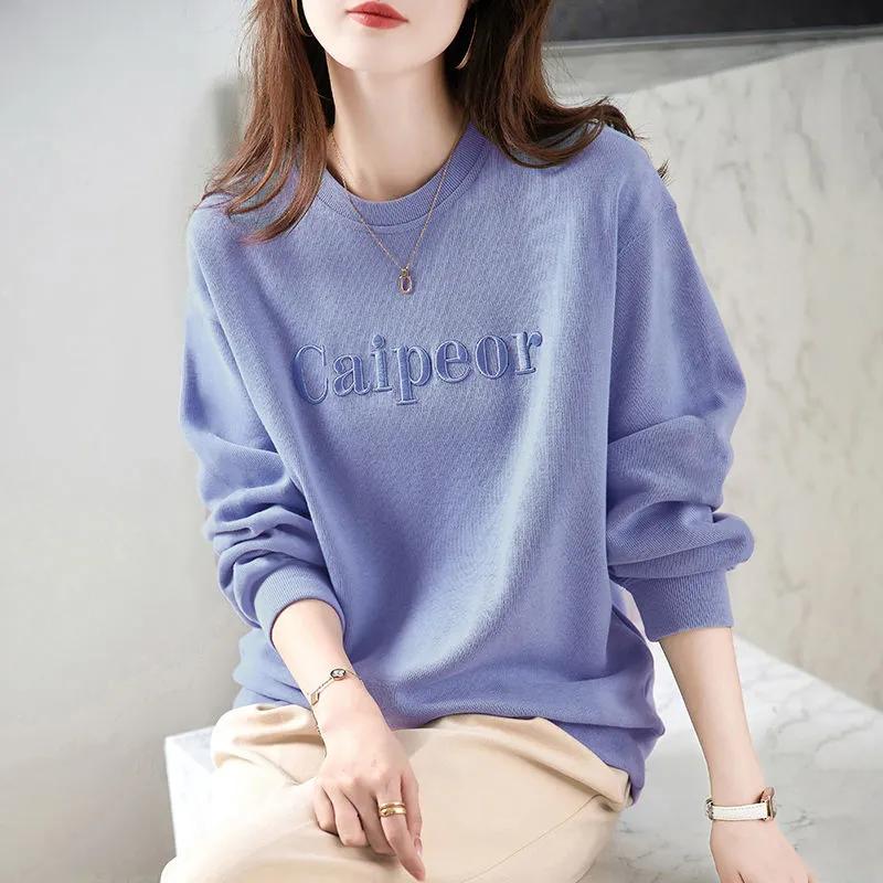 Sweatshirt for Women Cotton Oversize EmbroiderySlimming Loose Round Neck Casual Pullover Long Sleeve Spring Sweatshirt Top
