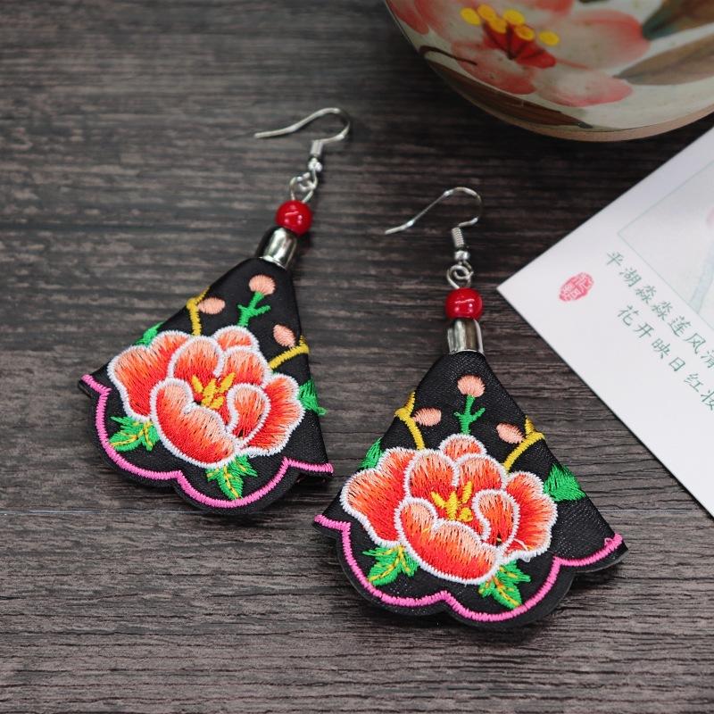 Retro hand-embroidered fabric earrings female long flower fringed versatile temperament performance earrings earrings