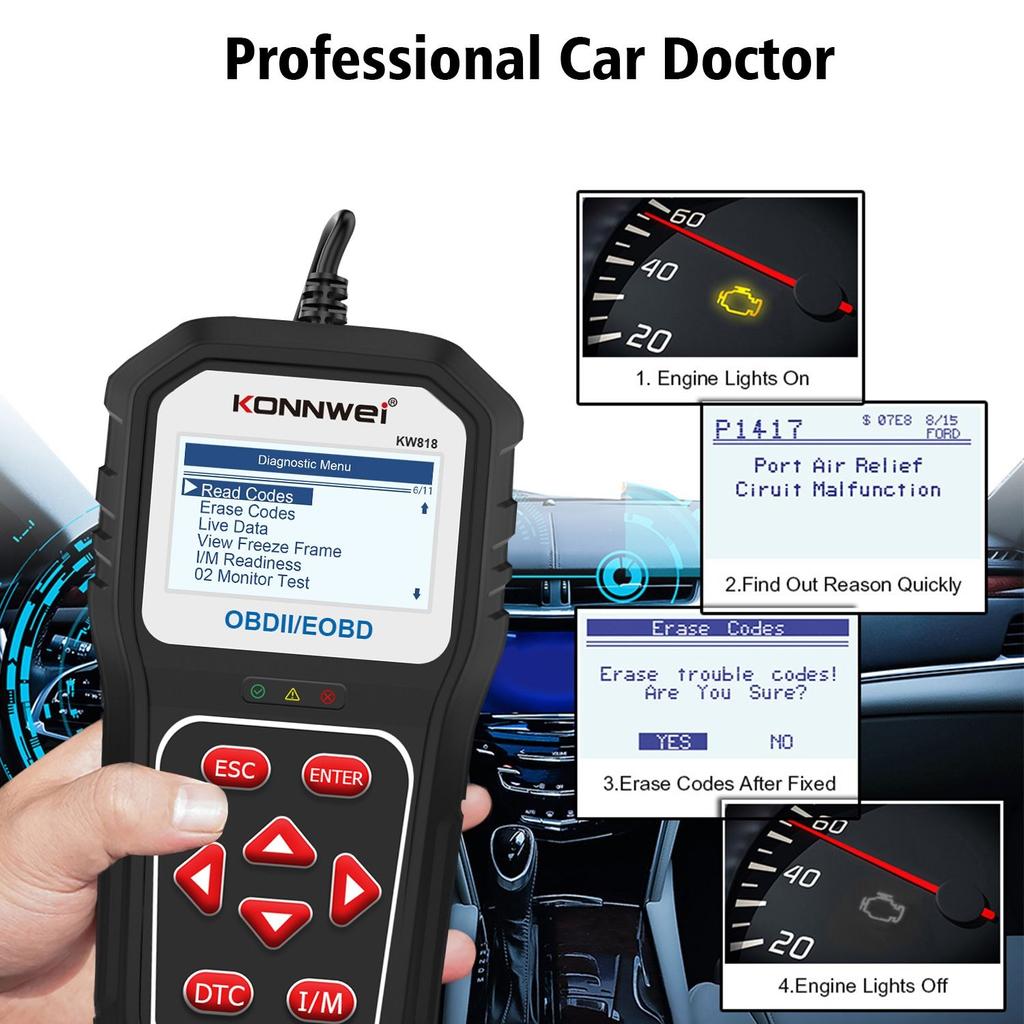 KONNWEI KW818 Car Diagnostic Tools OBD2 Support CAN J1850 Engine Fualt Code Read 12V Battery Tester Enhanced OBD2 Auto Scaner
