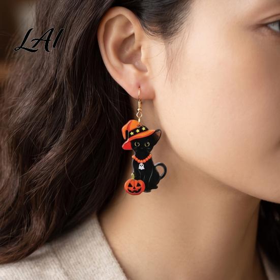 Halloween Earrings for Women 1 Pair Black Cat Acrylic Women Cute Whimsical Fall Theme Ear Hooks with Wizard Hat And Pumpkin Dangle Jewelry