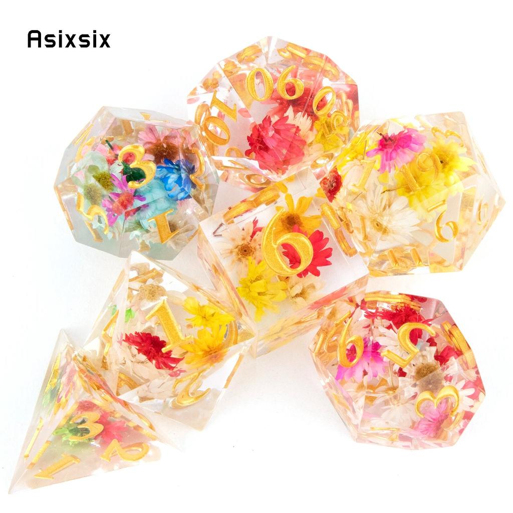 7 Pcs Flower Resin Golden Number Sharp Edge Dice Polyhedral Dice Suitable for Role-Playing RPG    Board Game
