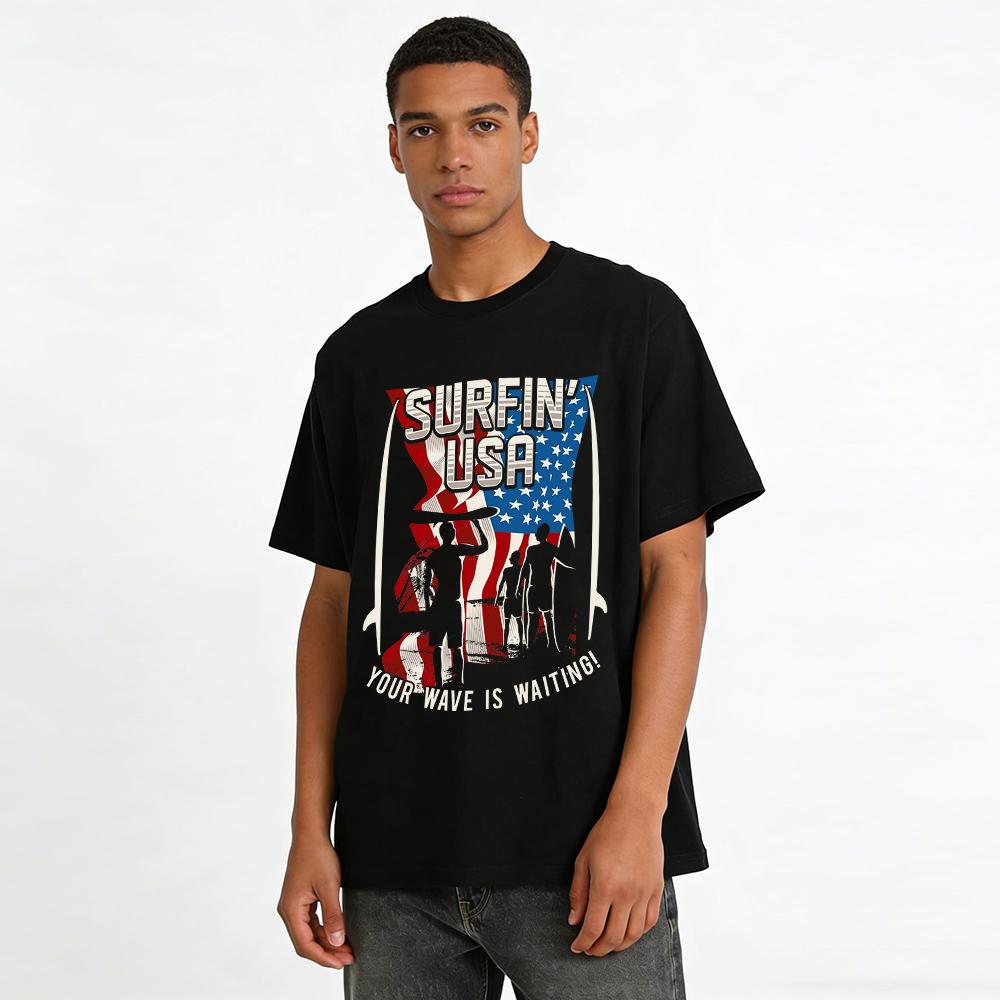 Surfin USA Graphic Tee Your Wave Is Waiting Casual Surf Shirt Pure cotton T-shirt