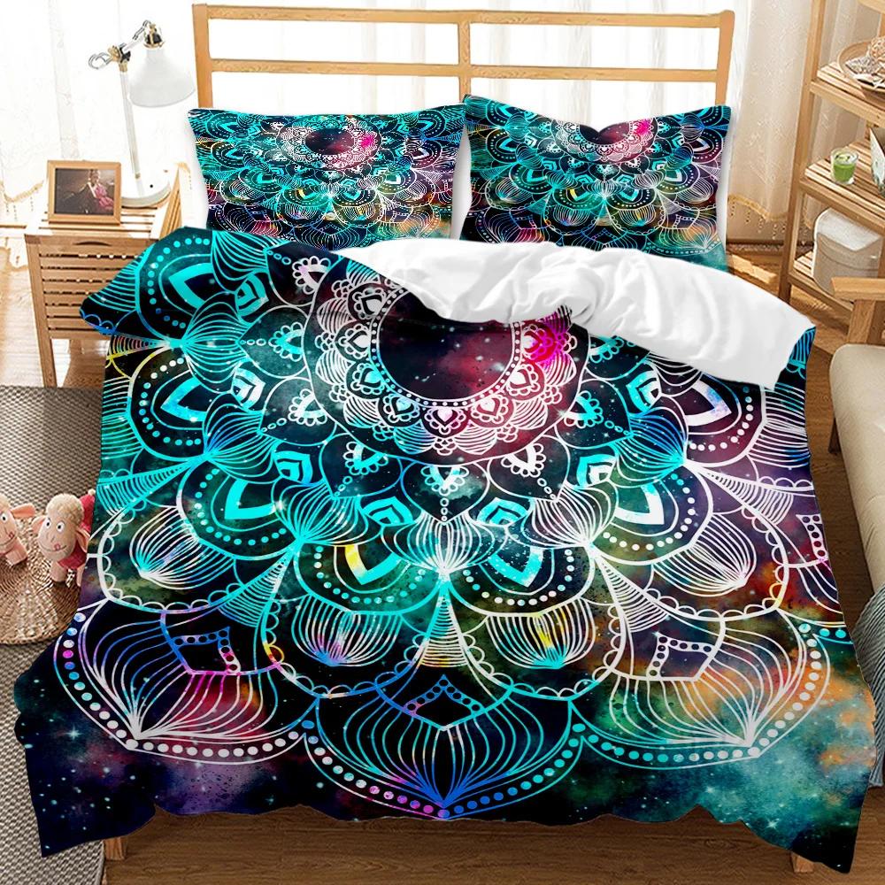 Povlak na přikrývku Bohemian Mandala Queen Size Kravata Spirála Povlak na přikrývku Hippie Boho Povlečení Exotická květinová polyesterová přikrývka