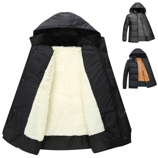 Winter Down Coat Solid Color Stand Collar Plush Highly Warm Zip-up Men Jacket for Outdoor
