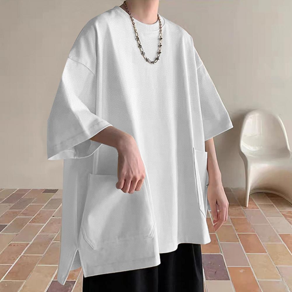 Men Solid Color Top Men's Summer Streetwear T-shirt with Pockets Loose Fit Solid Color Top Plus Size Half Sleeves for Outdoor