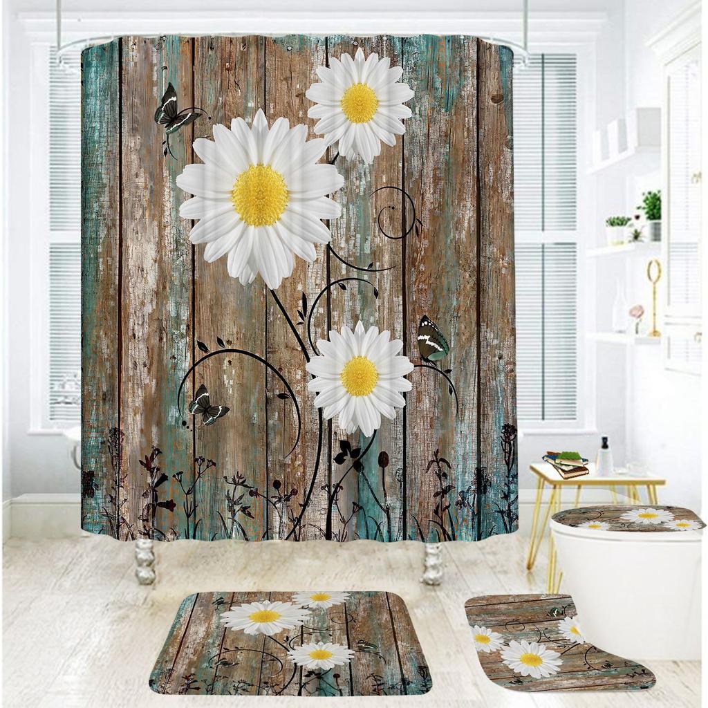Badezimmer Duschvorhang Vierteilig Digitaldruck Holzmaserung Chrysanthemenpflanze Wasserdichter Duschvorhang Duschvorhang Trennvorhang